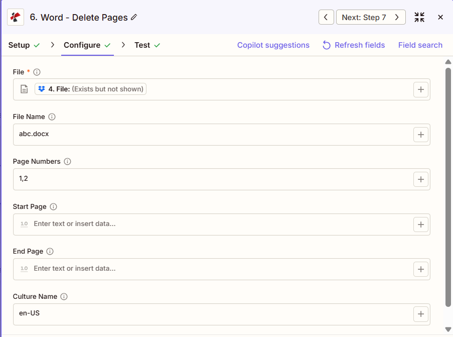 Configurazione Zapier di PDF4me per eliminare pagine in Word: File, Nome file abc.docx, Numeri di pagina 1,2, Pagina iniziale, Pagina finale, Nome cultura en-US